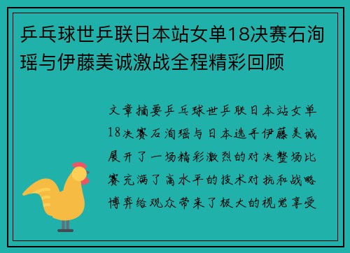 乒乓球世乒联日本站女单18决赛石洵瑶与伊藤美诚激战全程精彩回顾