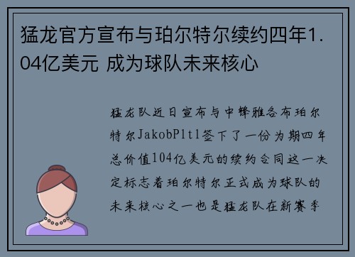 猛龙官方宣布与珀尔特尔续约四年1.04亿美元 成为球队未来核心