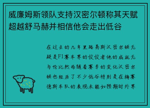威廉姆斯领队支持汉密尔顿称其天赋超越舒马赫并相信他会走出低谷